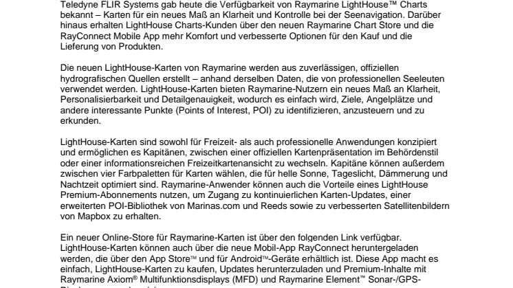 Raymarine LightHouse-Karten sind jetzt im neuen Chart-Store und über die Mobil-App RayConnect erhältlich