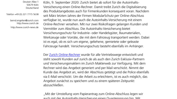 Weniger Papier – mehr Service: Zurich Autoinhalts-Versicherung jetzt online verfügbar