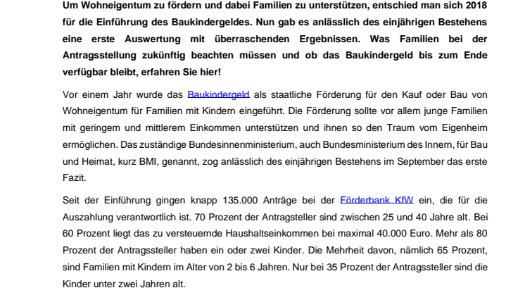 Ein Jahr Baukindergeld – Eine erste Auswertung