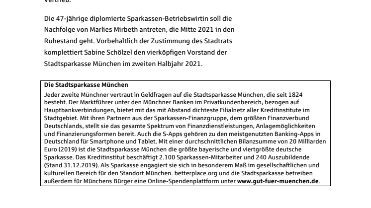 Sabine Schölzel soll neues Vorstandsmitglied der Stadtsparkasse München werden