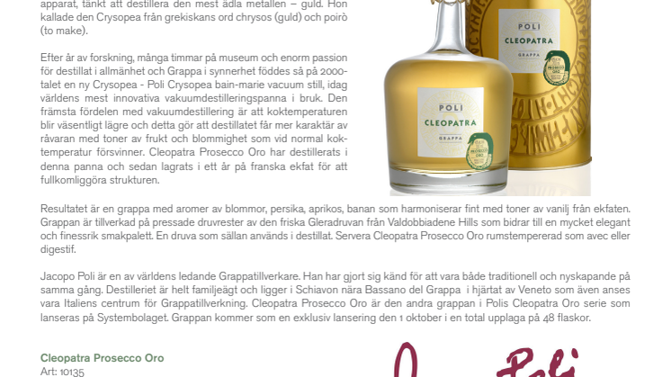 Ny grappa från Jacopo Poli - Cleopatra Prosecco Oro