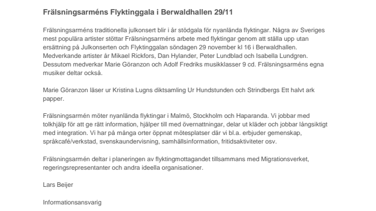 Frälsningsarméns Flyktinggala i Berwaldhallen 29/11