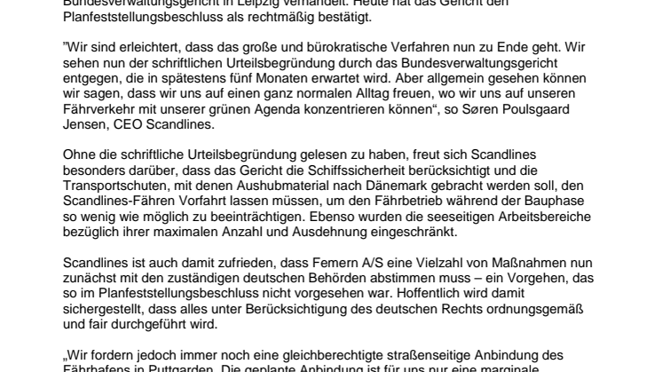 Entscheidung über die Klage von Scandlines gegen den Planfeststellungsbeschluss zur Festen Fehmarnbelt-Querung
