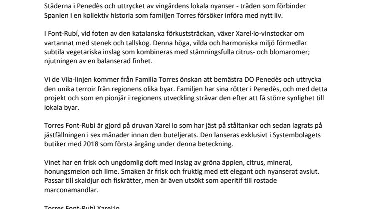 Nytt bybetecknat vin från Miguel Torres - Torres Font-Rubì Xarel-lo