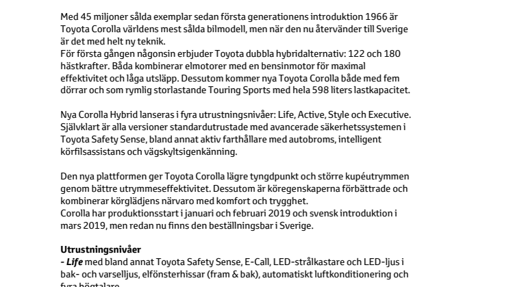 Svensk försäljningsstart för nya Toyota Corolla