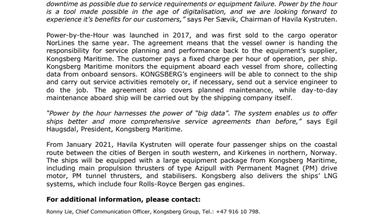Havila Kystruten and KONGSBERG sign long-term service agreement