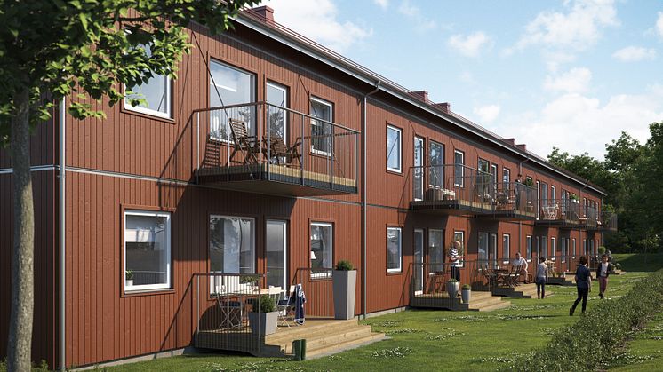 Illustration av trädgårdssida med balkonger och altaner, BoKlok Älven i Kvissleby, Sundsvall. 