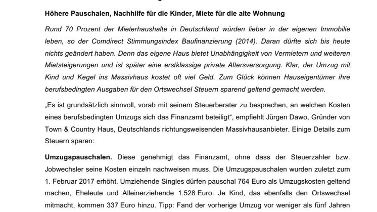 Town & Country-Verbrauchertipp: So hilft das Finanzamt beim Umzug ins Massivhaus