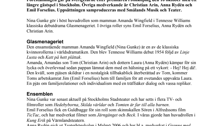 Nina Gunke i Tennessee Williams Glasmenageriet
