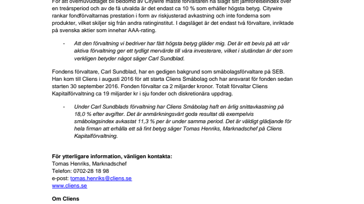 CLIENS FONDFÖRVALTARE ERHÅLLER AAA-RATING HOS BRITTISKA CITYWIRE