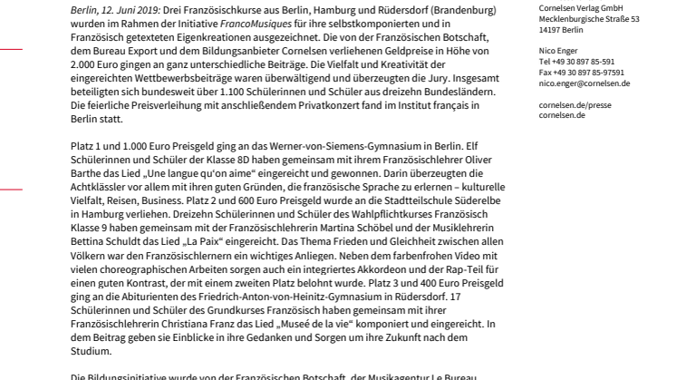 Französische Botschaft, Bureau Export und Cornelsen zeichnen drei Schulklassen aus Berlin, Hamburg und Rüdersdorf bei FrancoMusiques aus 