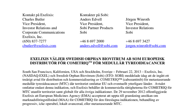 Exelixis väljer Swedish Orphan Biovitrum AB som europeisk distributör för COMETRIQ(TM) för medullär tyreoideacancer