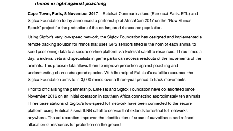 Eutelsat and Sigfox Foundation join forces to protect rhinos through “Now Rhinos Speak” initiative