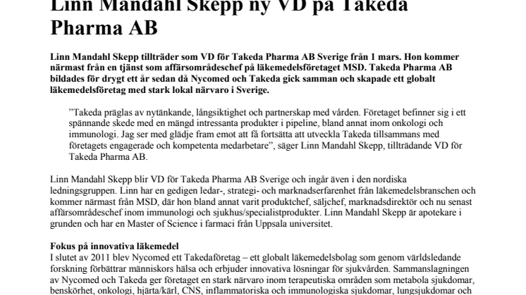 Linn Mandahl Skepp ny VD på Takeda Pharma AB