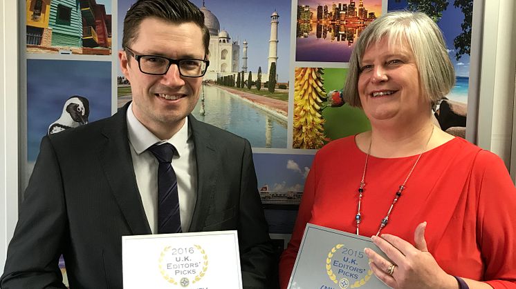 Martin Lister, Head of Itinerary Planning & Destination Experience for Fred Olsen Cruise Lines with Clare Ward, Product and Customer Service Director, with the 2015 and 2016 ‘Best for Itineraries’ awards