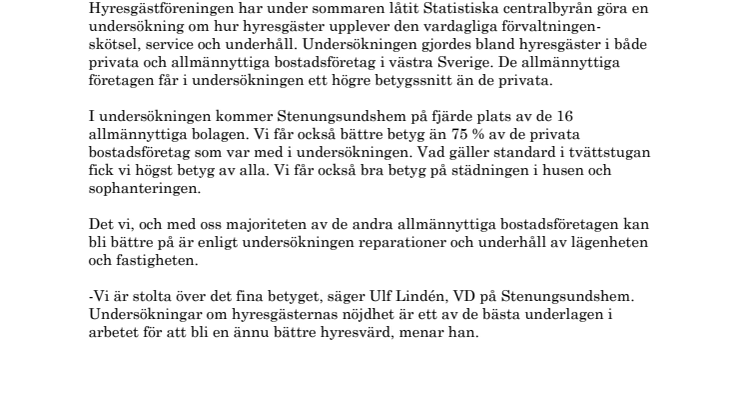 Stenungsundshem får högt betyg av Hyresgästföreningen