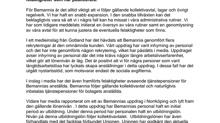 Bemannia tillrättalägger felaktiga uppgifter om bolaget
