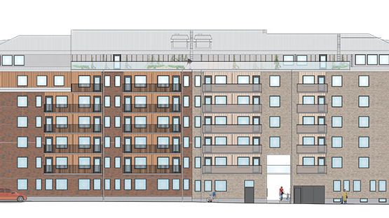 Fasadritning på fastigheten som blir trygghetsboende i Gävle.
