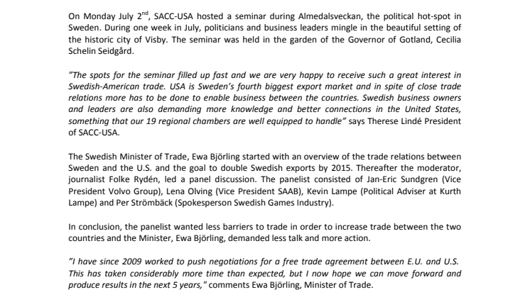 The Swedish Government and Business Community Demand a Free-Trade Agreement with the U.S.