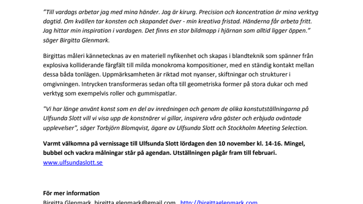 Ny konstutställning med Birgitta Glenmark på Ulfsunda Slott
