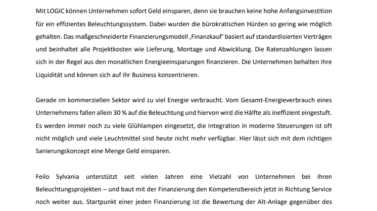 NEUE BELEUCHTUNGSLÖSUNG OHNE ANFANGSINVESTITION: LOGIC VON FEILO SYLVANIA