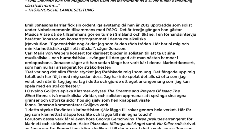 ​Clarinet (R)evolution med Musica Vitae och klarinettist Emil Jonason