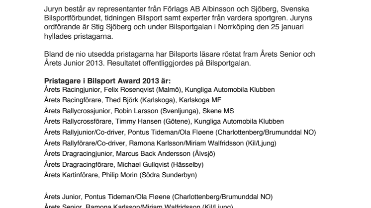 Samtliga pristagare i Bilsport Award 2013