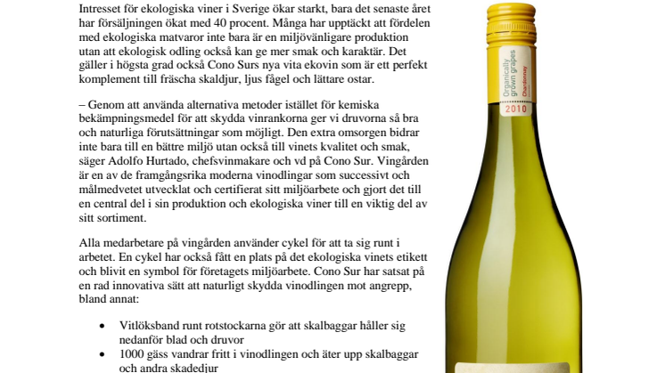 Nytt ekologiskt vitt vin från miljömedvetna Cono Sur