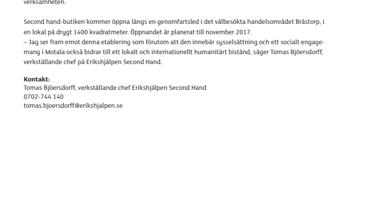 Erikshjälpen Second Hand öppnar i Motala