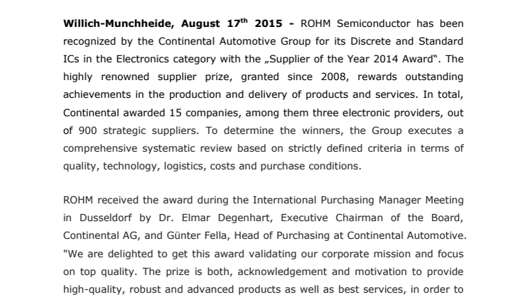 ROHM Semiconductor Receives from Continental ”Supplier of the Year 2014 Award“ 