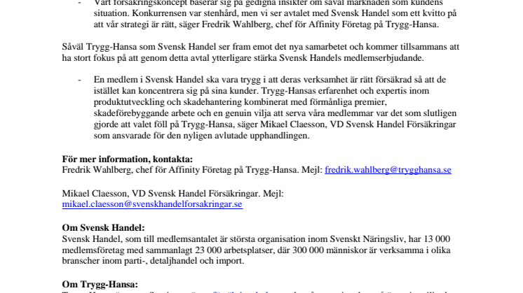 Trygg-Hansa ny leverantör av försäkringar till Svensk Handels medlemmar