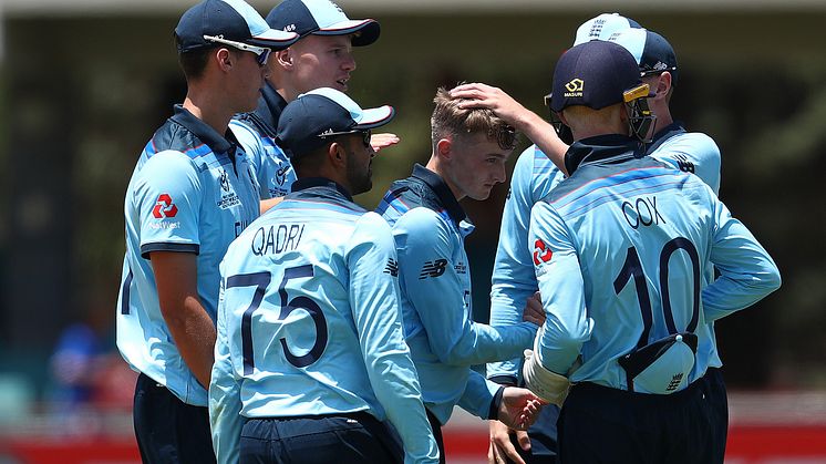 Lewis Goldsworthy celebrates a wicket against West Indies at the 2020 ICC U19 World Cup (IBC/Getty Images)