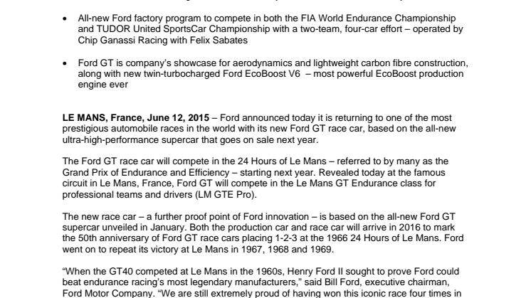 Ford tilbage i Le Mans: Den nye superbil GT klar til en stærk start i 2016