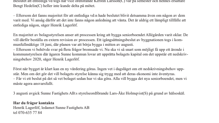 Entledigande av vd för Sunne Fastighets AB på grund av bristande förtroende