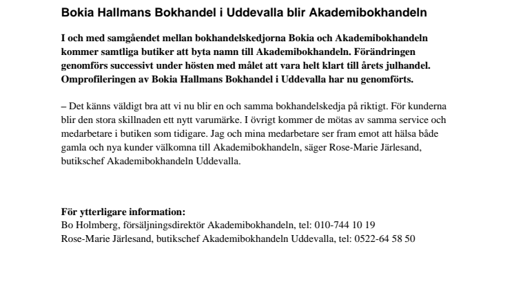 Bokia Hallmans Bokhandel i Uddevalla blir Akademibokhandeln 