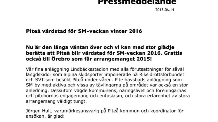 Piteå värdstad för SM-veckan vinter 2016
