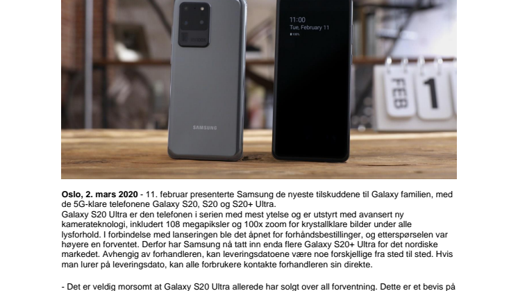   Stor etterspørsel etter Samsung Galaxy S20 Ultra - flere enheter til Norden