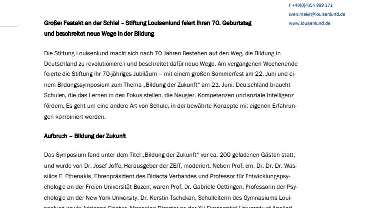 Großer Festakt an der Schlei – Stiftung Louisenlund feiert ihren 70. Geburtstag  und beschreitet neue Wege in der Bildung