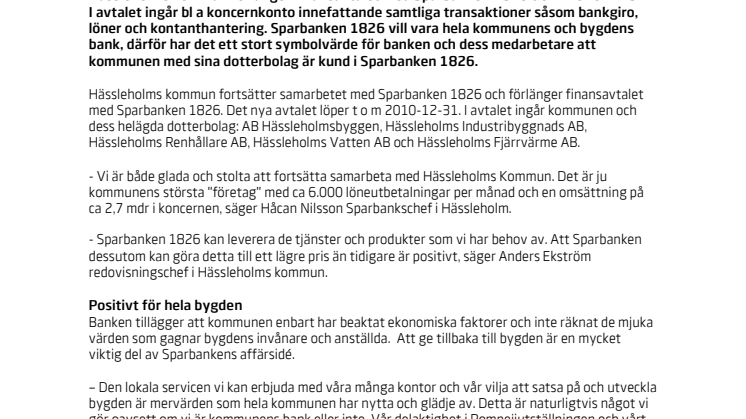 Hässleholms kommun förlänger finansavtalet med Sparbanken 1826