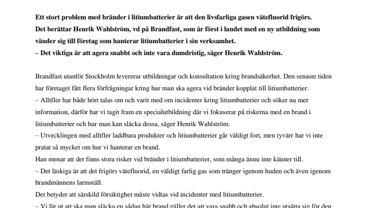 Ny utbildning ska minska riskerna vid bränder i litiumjonbatterier