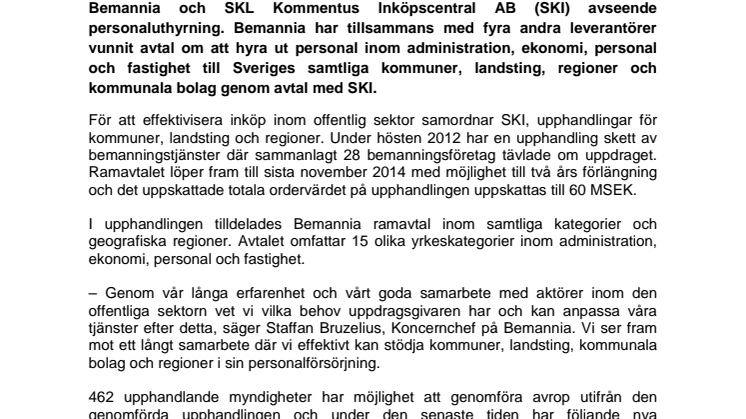 Fler anslutningar till avtalet mellan Bemannia och SKL Kommentus Inköpscentral AB
