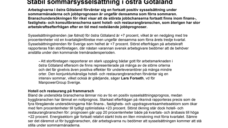 Stabil sommarsysselsättning i östra Götaland