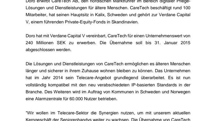 Strategische Übernahme im Bereich Telecare: Doro akquiriert CareTech
