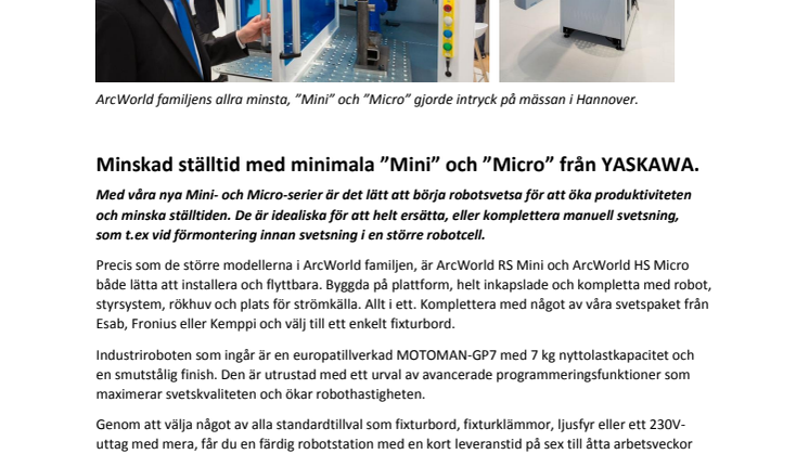 Minskad ställtid med minimala ”Mini” och ”Micro” från YASKAWA.