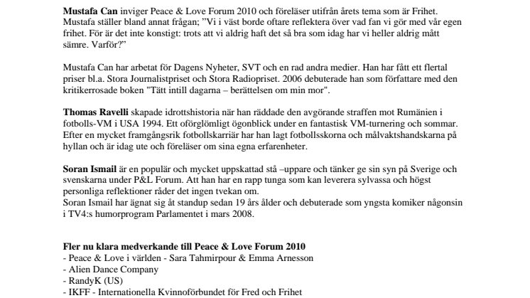 Ravelli och Can till Peace & Love Forum - även Soran Ismail och många fler