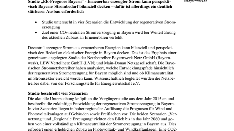 Studie „EE-Prognose Bayern“ - Erneuerbar erzeugter Strom kann perspektivisch Bayerns Strombedarf bilanziell decken 