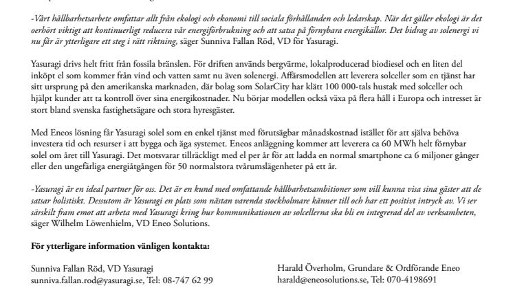 ​Yasuragi satsar på egen lokaltillverkad solel