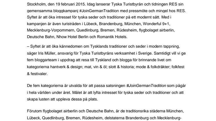 ​Tyska Turistbyrån och RES lanserar bloggtävlingen #JoinGermanTradition