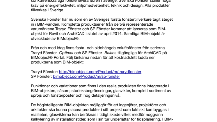 Traryd Fönster och SP Fönster som högintelligenta BIM-objekt