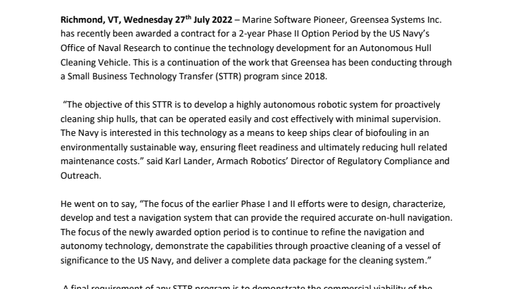 July 2022_Greensea Systems_STTR release.pdf